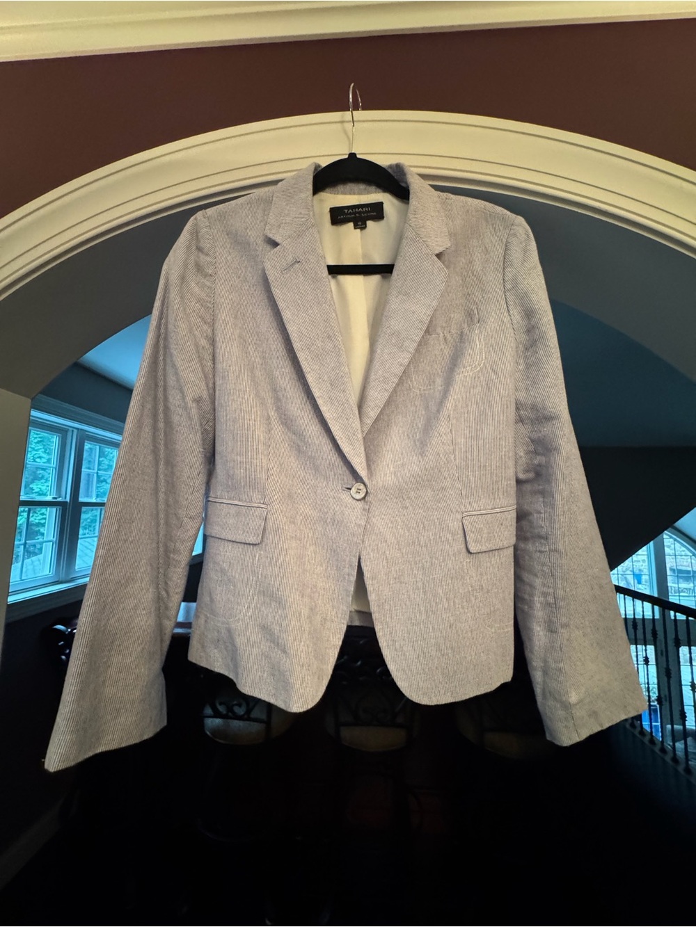 Tahari Light Blue and White Single-Button Blazer